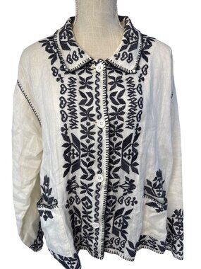 Johnny Was White & Navy Embroidered Button-Up Linen Jacket With Pockets size M